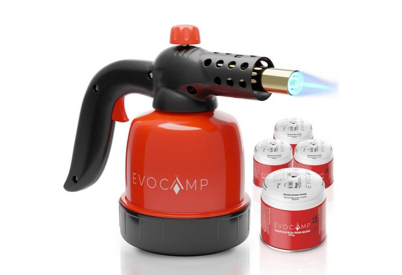 EVOCAMP Flambierbrenner Gasbrenner 1,3 kW, Küchenbrenner, Lötlampe mit Piezozündung, Max. Temperatur 1300°C, mit 4 Gaskartuschen 190g von EVOCAMP