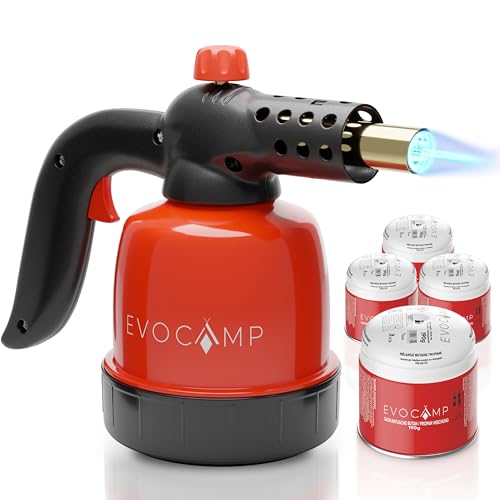 EVOCAMP Gasbrenner Klein 1,3 kW, Flambierer Küchenbrenner, Lötlampe mit Piezozündung, Bunsenbrenner für die Küche, Grillanzünder, Max. Temperatur 1300°C, mit 4 Stück 190g Gaskartuschen von EVOCAMP