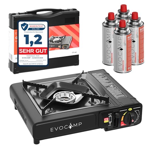 Gaskocher 1-flammig mit Piezozündung, Campingkocher für Gaskartuschen MSF-1a 227 g, Camping Herd mit Tragekoffer - Ideal für Outdoor (1-flammiger Gaskocher + 4 Gaskartuschen) von EVOCAMP