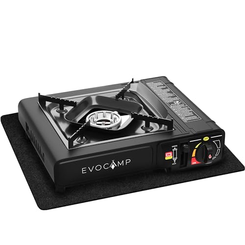 Gaskocher 1-flammig mit Piezozündung, Campingkocher für Gaskartuschen MSF-1a 227 g, Camping Herd mit Tragekoffer - Ideal für Outdoor (1-flammiger Gaskocher + Feuerfester Unterlage) von EVOCAMP