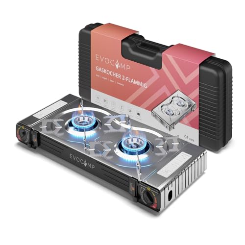 EVOCAMP Gaskocher 2-flammig mit Piezozündung Campingkocher für Gaskartuschen MSF-1a 227g Camping Gaskocher für Campinggaz Campinggaskocher - Camping Herd ohne Gaskartuschen von EVOCAMP