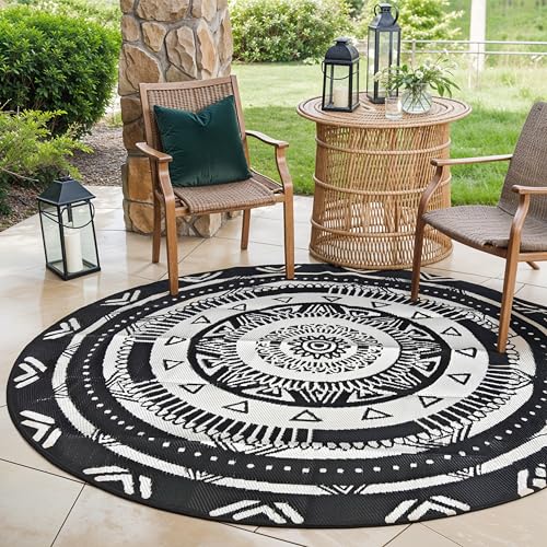 EVOCAMP Outdoor Teppich rund Ø 240 cm, Kunststoffteppich, wetterfest und leicht, Picknickdecke für den Outdoor-Bereich, Vorzeltteppich aus Kunststoff-Fasern (Schwarz-weiß) von EVOCAMP