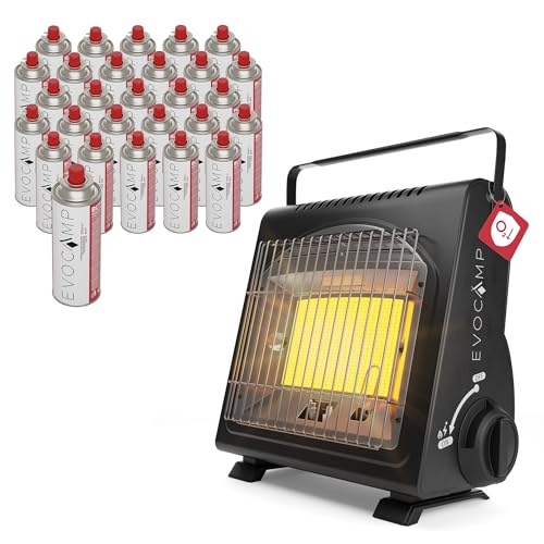 EVOCAMP Tragbare Gasheizung, Camping Heizung 1,7 kW, multifunktionale Keramikheizung, perfekte Gasheizung für Outdoor mit ODS (Sauerstoffmangelsicherung), mit 28 Gaskartuschen von EVOCAMP
