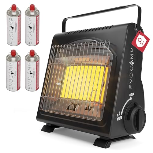 EVOCAMP Tragbare Gasheizung, Camping Heizung 1,7 kW, multifunktionale Keramikheizung, perfekte Gasheizung für Outdoor mit ODS (Sauerstoffmangelsicherung), mit 4 Gaskartuschen von EVOCAMP