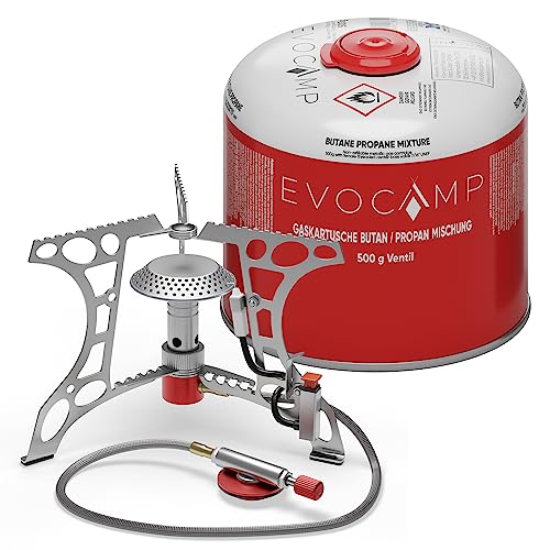 EVOCAMP kompakter Campingkocher 3.2 kW mit Piezo-Zünder, Camping Stove, Mini-Gaskocher - ideal für Camping, Angeln und Outdoor (+1 Kartusche 500 g) von EVOCAMP