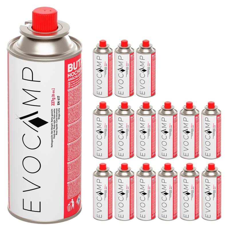 Evocamp Butan 16 Stück Gaskartusche 227g für Campingkocher Gasheizung und Unkrautbrenner Typ MSF-1a von EVOCAMP