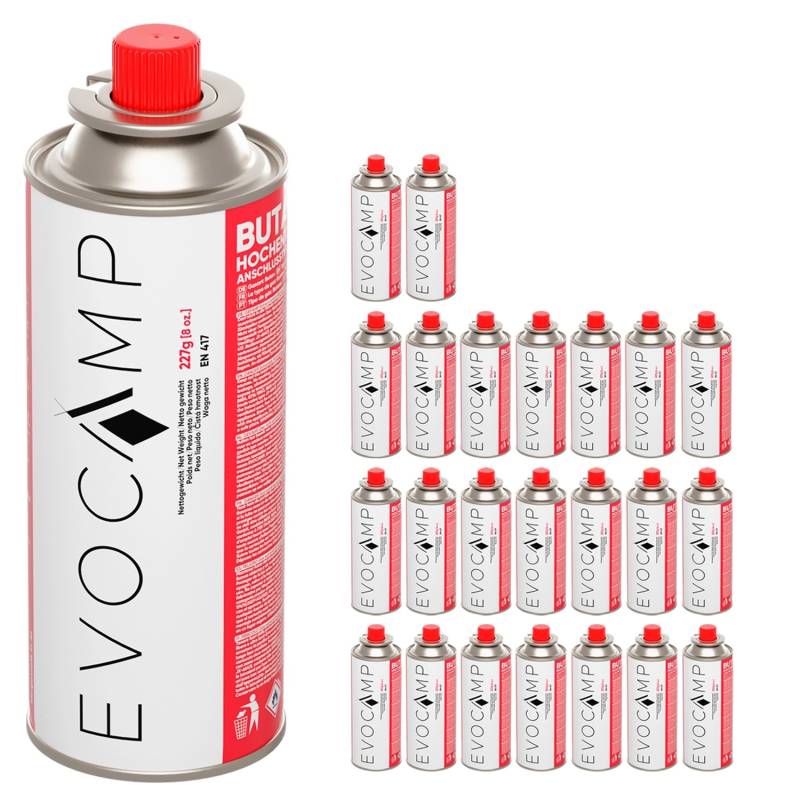 Evocamp Butan 24 Stück Gaskartusche 227g für Campingkocher Gasheizung und Unkrautbrenner Typ MSF-1a von EVOCAMP