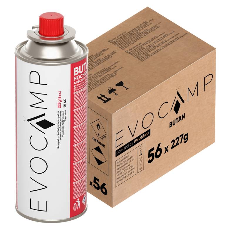 Evocamp Butan 56 Stück Gaskartusche 227g für Campingkocher Gasheizung und Unkrautbrenner Typ MSF-1a Evocamp Butan 56 Stück Gaskartusche 227g für Campingkocher Gasheizung und Unkrautbrenner Typ MSF-1a von EVOCAMP