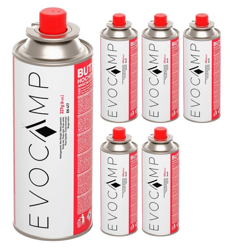 Evocamp Butan 6 Stück Gaskartusche 227g für Campingkocher Gasheizung und Unkrautbrenner Typ MSF-1a Evocamp Butan 6 Stück Gaskartusche 227g für Campingkocher Gasheizung und Unkrautbrenner Typ MSF-1a von EVOCAMP