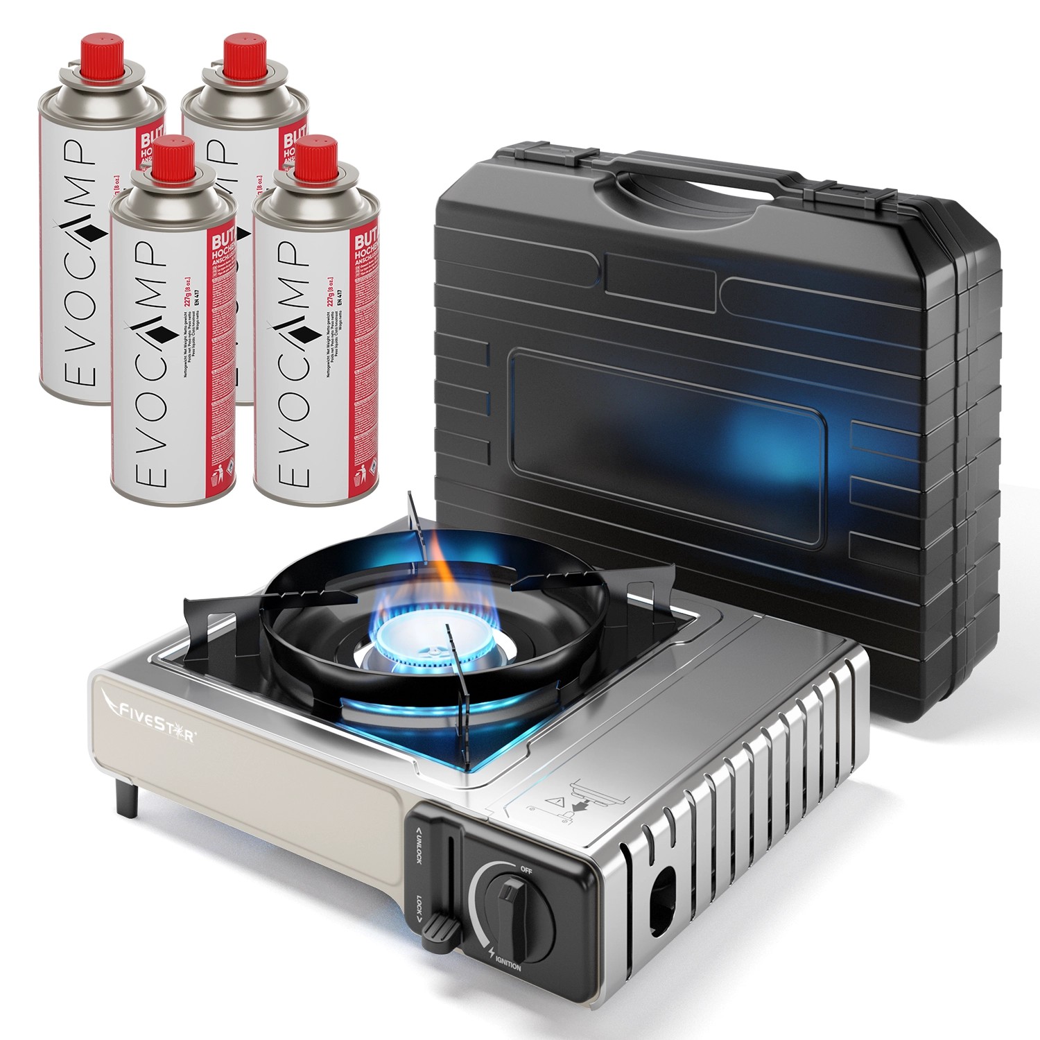 Evocamp Camping Gaskocher 1-Flammig 2,2 kW mit Piezozündung und 4 227g Kartuschen Evocamp Camping Gaskocher 1-Flammig 2,2 kW mit Piezozündung und 4 227g Kartuschen von EVOCAMP