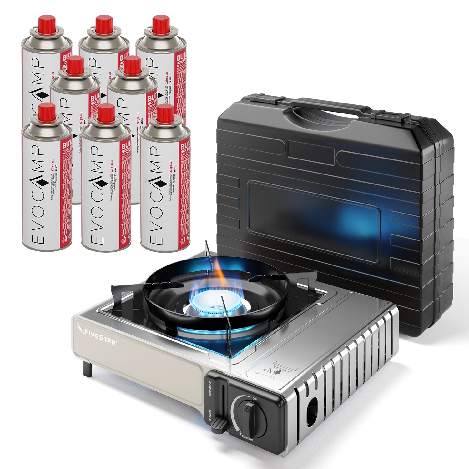 Evocamp Camping Gaskocher 1-Flammig 2,2 kW mit Piezozündung und 8 227g Kartuschen Evocamp Camping Gaskocher 1-Flammig 2,2 kW mit Piezozündung und 8 227g Kartuschen von EVOCAMP
