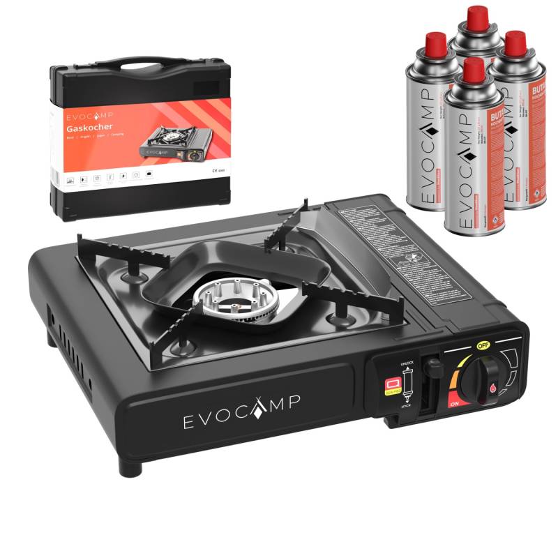 Evocamp Camping Gaskocher 1-Flammig mit 4 227g Kartuschen und Transportkoffer von EVOCAMP