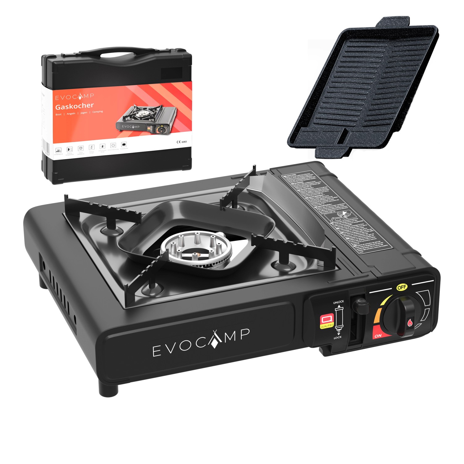 Evocamp Camping Gaskocher 1-Flammig mit Grillplatte BBQ und Tragekoffer für 227g Kartuschen Evocamp Camping Gaskocher 1-Flammig mit Grillplatte BBQ und Tragekoffer für 227g Kartuschen von EVOCAMP