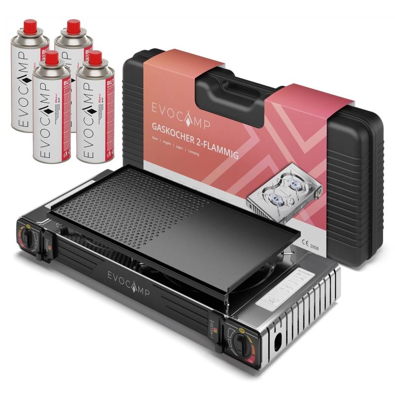 Evocamp Camping Gaskocher 2-Flammig mit Grillaufsatz 45 cm und 4 227 g Gaskartuschen MSF-1a von EVOCAMP