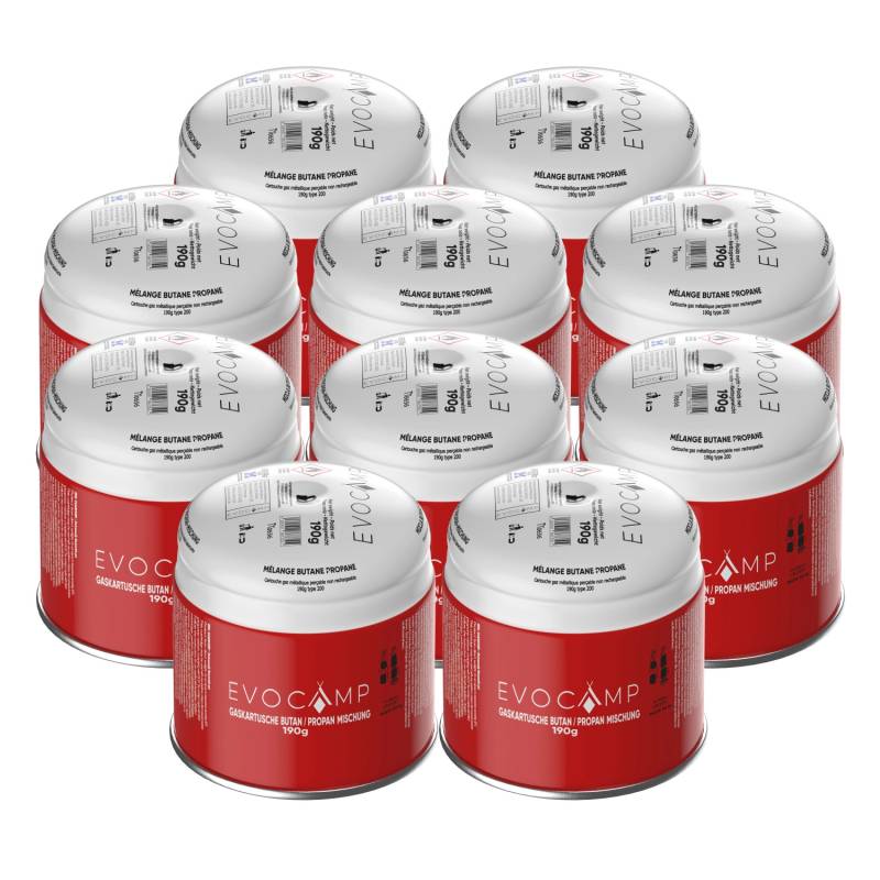 Evocamp Gaskartusche 10 Stück Butan Propan 190g Stechkartusche Typ 200 EN417 mit Sicherheitsventil für Gaskocher von EVOCAMP