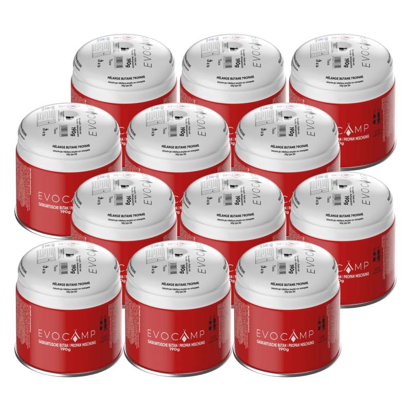 Evocamp Gaskartusche 12 Stück Butan Propan 190g Stechkartusche Typ 200 EN417 mit Sicherheitsventil für Gaskocher von EVOCAMP