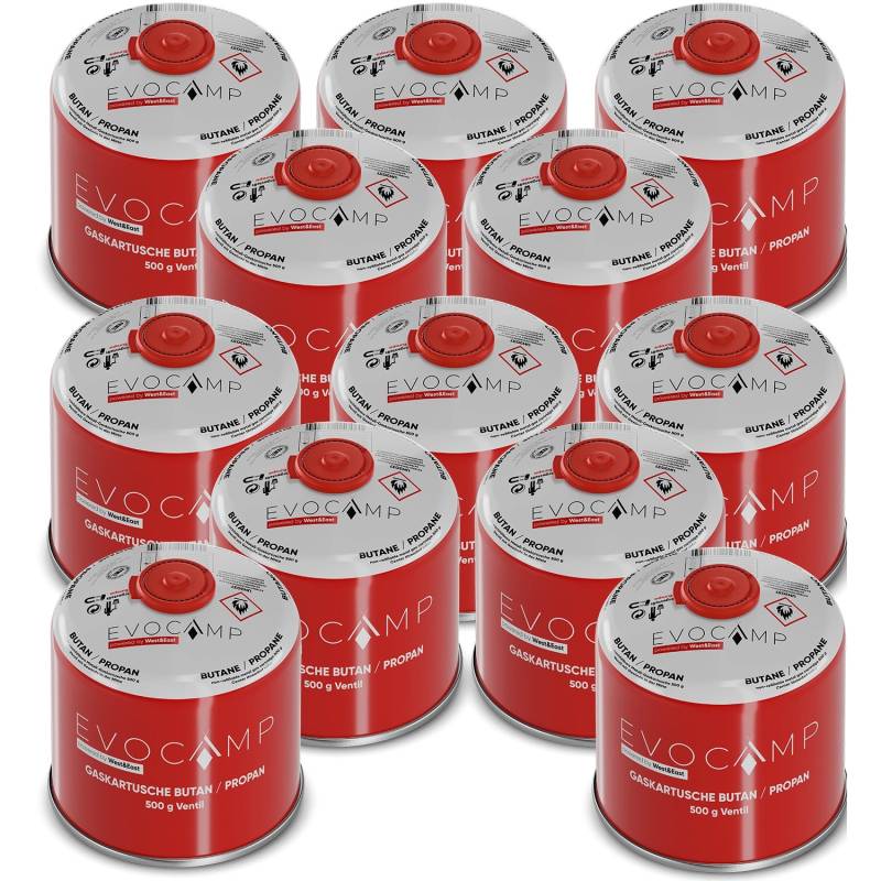 Evocamp Gaskartusche 12 Stück Butan Propan 500 g Schraubventil für Campingkocher und Gasgrills von EVOCAMP