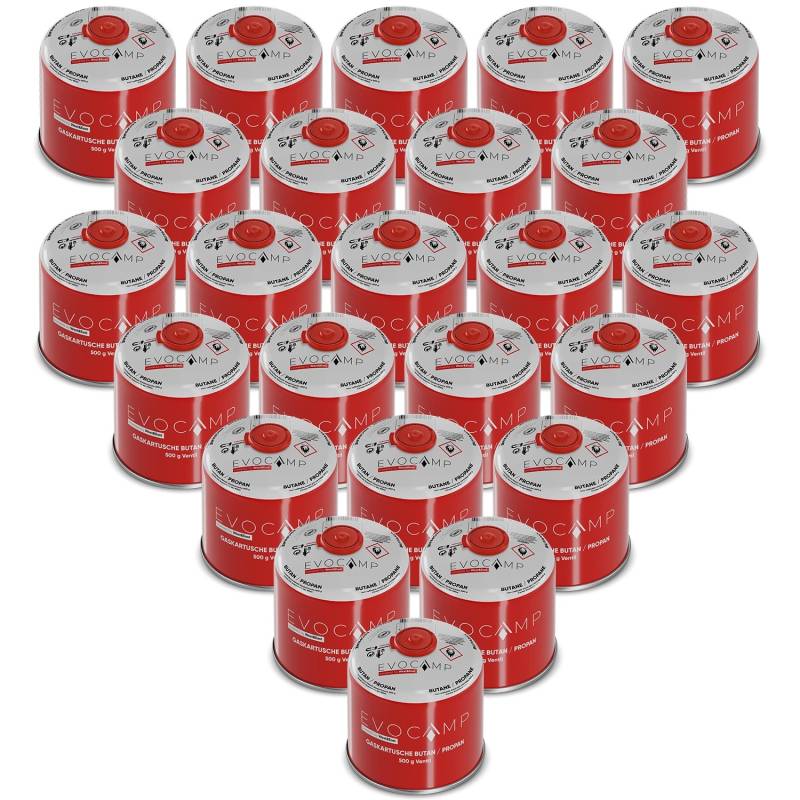 Evocamp Gaskartusche 24 Stück Butan Propan 500 g Schraubventil für Campingkocher und Gasgrills von EVOCAMP