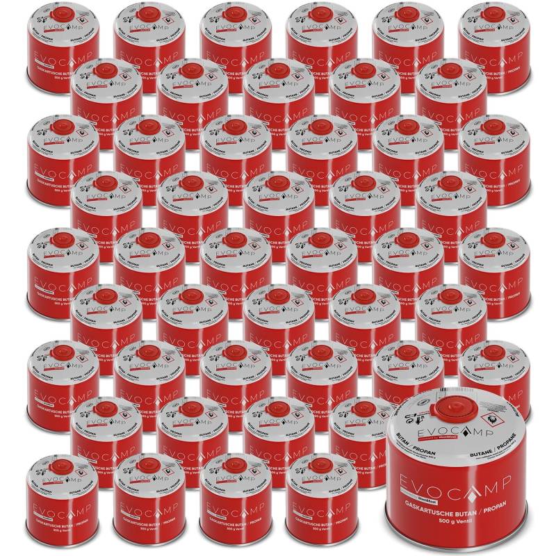 Evocamp Gaskartusche 48 Stück Butan Propan 500 g Schraubventil für Campingkocher und Gasgrills von EVOCAMP
