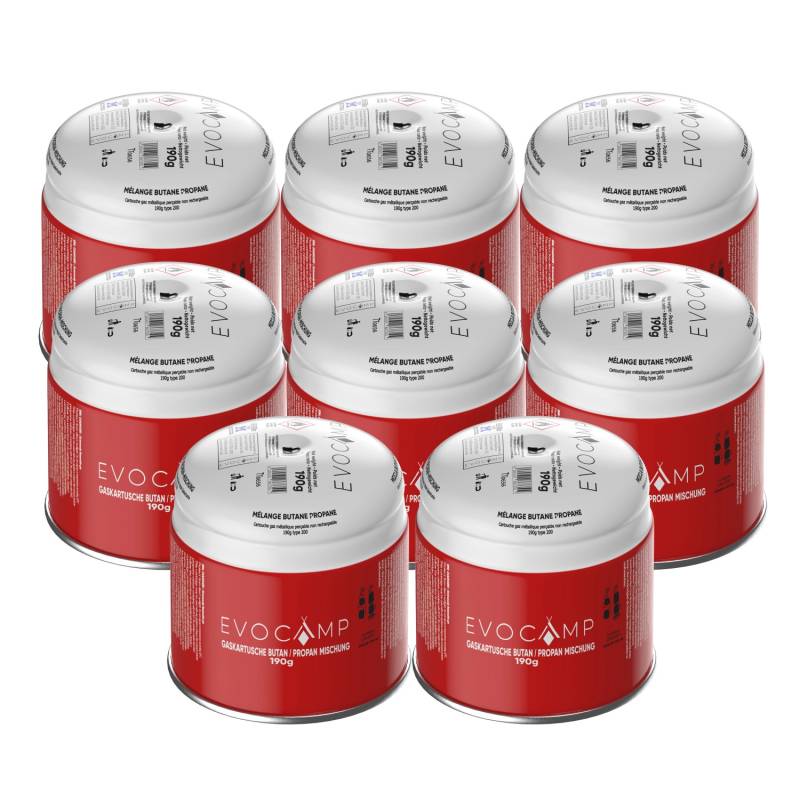 Evocamp Gaskartusche 8 Stück Butan Propan 190g Stechkartusche Typ 200 EN417 mit Sicherheitsventil für Gaskocher von EVOCAMP