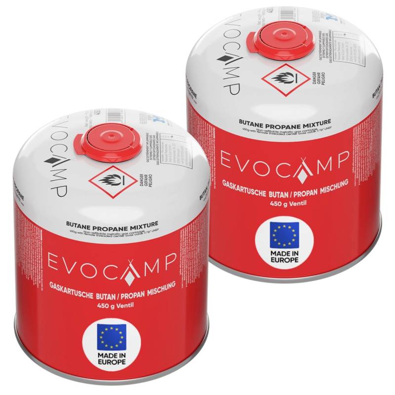 Evocamp Propan Butan 2 Stück Gaskartusche 450g Schraubkartusche Eurogewinde Sicherheitsverschluss für Campingkocher von EVOCAMP