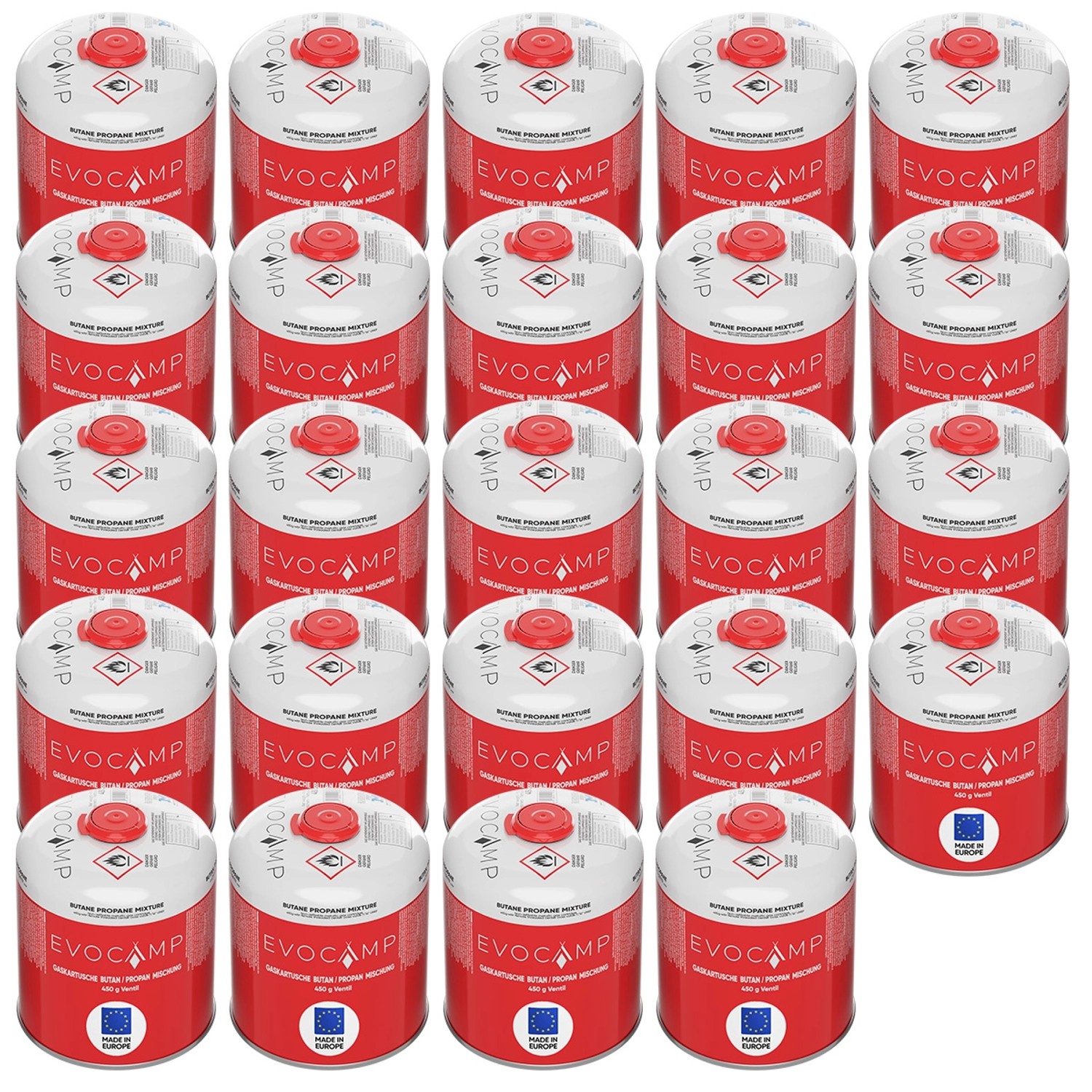 Evocamp Propan Butan 24 Stück Gaskartusche 450g Schraubkartusche Eurogewinde Sicherheitsverschluss für Campingkocher Evocamp Propan Butan 24 Stück Gaskartusche 450g Schraubkartusche Eurogewinde Sicherheitsverschluss für Campingkocher von EVOCAMP