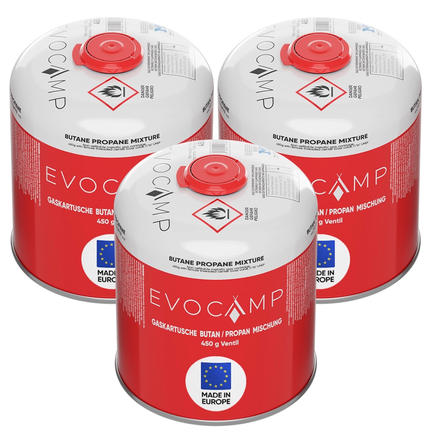 Evocamp Propan Butan 3 Stück Gaskartusche 450g Schraubkartusche Eurogewinde Sicherheitsverschluss für Campingkocher Evocamp Propan Butan 3 Stück Gaskartusche 450g Schraubkartusche Eurogewinde Sicherheitsverschluss für Campingkocher von EVOCAMP