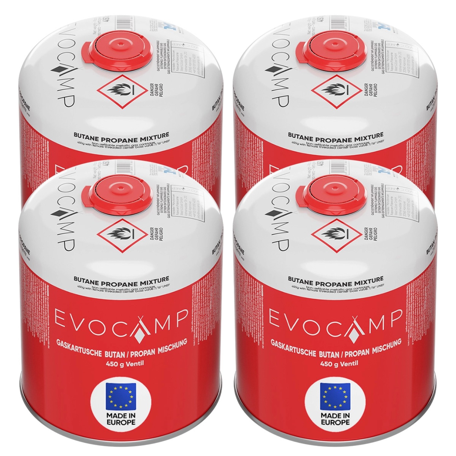 Evocamp Propan Butan 4 Stück Gaskartusche 450g Schraubkartusche Eurogewinde Sicherheitsverschluss für Campingkocher Evocamp Propan Butan 4 Stück Gaskartusche 450g Schraubkartusche Eurogewinde Sicherheitsverschluss für Campingkocher von EVOCAMP