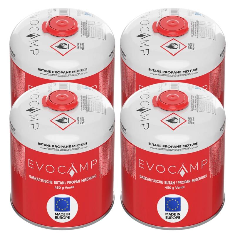 Evocamp Propan Butan 4 Stück Gaskartusche 450g Schraubkartusche Eurogewinde Sicherheitsverschluss für Campingkocher von EVOCAMP