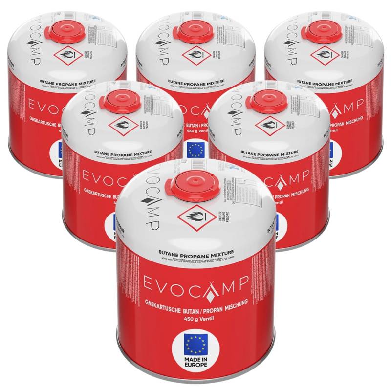 Evocamp Propan Butan 6 Stück Gaskartusche 450g Schraubkartusche Eurogewinde Sicherheitsverschluss für Campingkocher von EVOCAMP