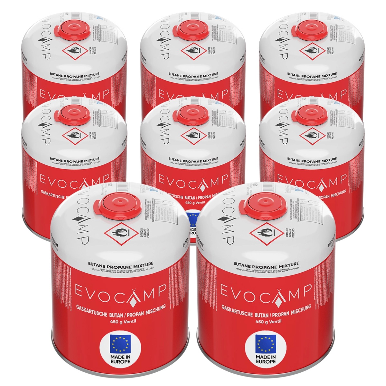 Evocamp Propan Butan 8 Stück Gaskartusche 450g Schraubkartusche Eurogewinde Sicherheitsverschluss für Campingkocher Evocamp Propan Butan 8 Stück Gaskartusche 450g Schraubkartusche Eurogewinde Sicherheitsverschluss für Campingkocher von EVOCAMP