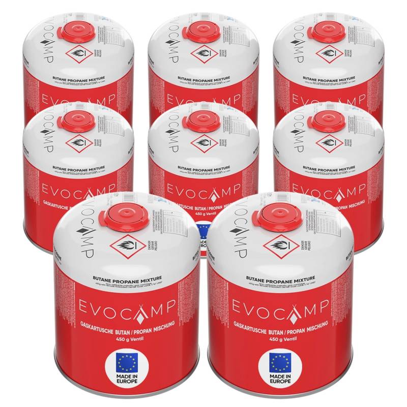 Evocamp Propan Butan 8 Stück Gaskartusche 450g Schraubkartusche Eurogewinde Sicherheitsverschluss für Campingkocher von EVOCAMP