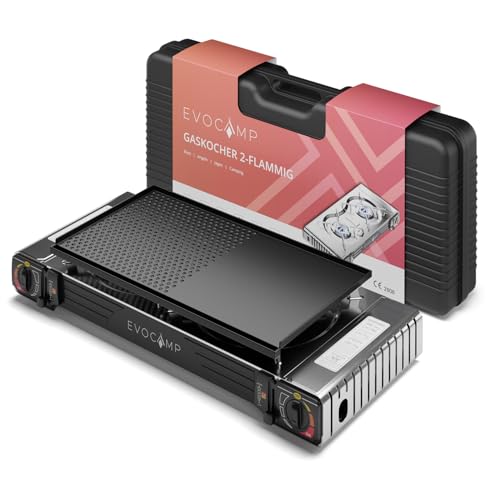 Gaskocher 2-flammig mit Piezozündung - mit Grillaufsatz 45cm - Campingkocher für Gaskartuschen MSF-1a 227g - Camping Gaskocher für Campinggaz - Camping Herd mit Grillplatte ohne Gaskartuschen von EVOCAMP