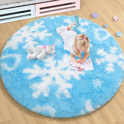 EVOIONOS Runde Eiskönigin Teppiche für Mädchenzimmer, flauschiger Kreis, Schneeflocken-Teppich für die Eiskönigin-Raumdekoration, runder Plüsch-Schneeflocken-Teppich für Kinderzimmer, Spielzimmer EVOIONOS Runde Eiskönigin Teppiche für Mädchenzimmer, flauschiger Kreis, Schneeflocken-Teppich für die Eiskönigin-Raumdekoration, runder Plüsch-Schneeflocken-Teppich für Kinderzimmer, Spielzimmer von EVOIONOS