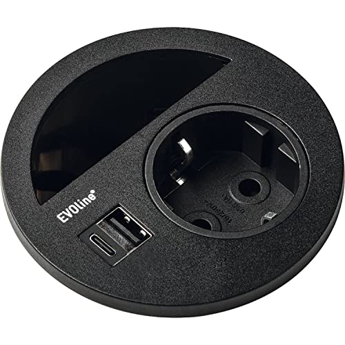 EVOline 159273006900, schwarz Circle80 Steckdose mit Kabeldurchgang und USB-A+C-Doppelcharger von EVOLINE