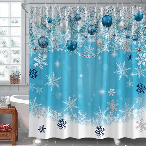 EVRCVAR Duschvorhang mit Weihnachtskugeln, Blau und Silber, Weihnachtsball, Winter, Schneeflocke, Kiefernblatt, Urlaub, Frohes neues Jahr, Badezimmer-Vorhangstoff mit Haken (178 cm B x 178 cm H) von EVRCVAR