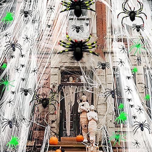 EVURU Halloween Dekoration Spinnennetz Deko, 1000+ Quadratmeter Stretch-Spinnengewebe mit 70 Stück gefälschten Spinnen（mit 4 große bemalte Spinnen+13 leuchtenden +53 schwarzen falschen Spinnen） (B) von EVURU