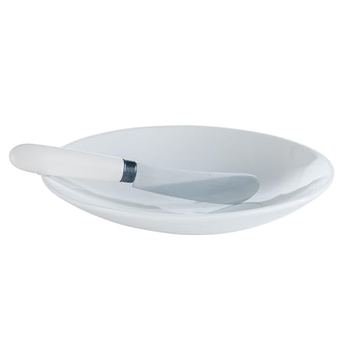 EVVIVA COMPANY SRL Set mit 2 Porzellan-Frühstückstellern mit Stahlaufstrich und Porzellangriff. Details in bleifarbener Farbe, Durchmesser 18 cm, ideal zum Verteilen von Marmeladen, Cremes und Butter. von Evviva