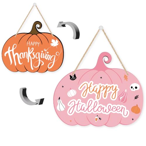 Rosa Happy Halloween Schild, Happy Thanksgiving Türschild, Halloween Dankbarer Kürbis wendbare Holzschilder, lustige Boo Dankbare Dekorationen 3009 Rosa Happy Halloween Schild, Happy Thanksgiving Türschild, Halloween Dankbarer Kürbis wendbare Holzschilder, lustige Boo Dankbare Dekorationen 3009 von EVXID