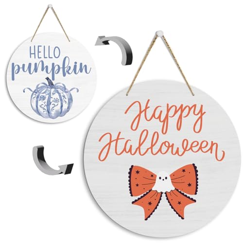 Türschild mit Aufschrift "Hello Pumpkin Fall", Happy Halloween Türschild, Herbst-Halloween-Schleife, wendbar, Holzdekor für drinnen und draußen, lustige Herbst-Gruseljahresdekorationen 3002 Türschild mit Aufschrift "Hello Pumpkin Fall", Happy Halloween Türschild, Herbst-Halloween-Schleife, wendbar, Holzdekor für drinnen und draußen, lustige Herbst-Gruseljahresdekorationen 3002 von EVXID