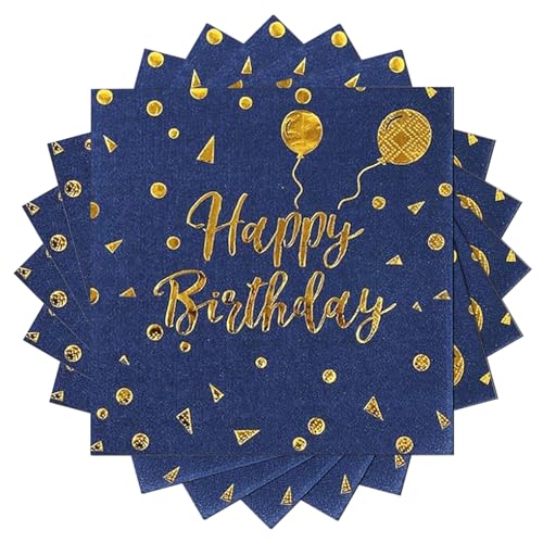 60 Stück Happy Birthday Blau und Gold Geburtstag Servietten，33x33cm Papier Party Servietten，für Junge Mädchen Geburtstag Party Dek von EVYIENEN