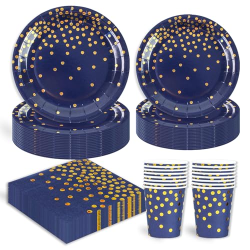 96 Stück Geburtstag Party Geschirr Set,Blau Gold Geburtstag Party Geschirr Becher Serviette Pappteller Set,für Mädchen Kinder Tischdekoration-24 Gäste von EVYIENEN