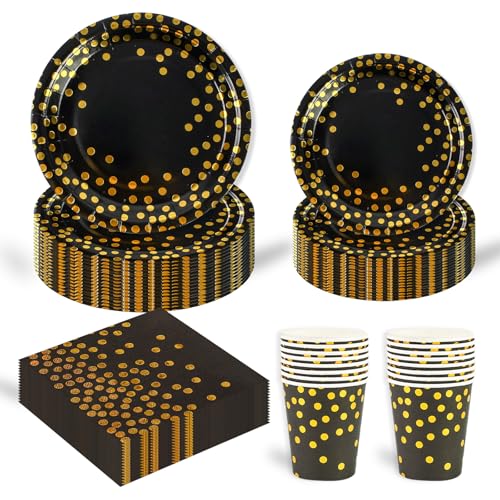 96 Stück Geburtstag Party Geschirr Set,Schwarz Gold Geburtstag Party Geschirr Becher Serviette Pappteller Set,für Mädchen Kinder Tischdekoration-24 Gäste von EVYIENEN