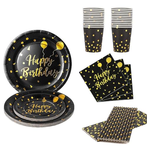 EVYIENEN 125 Stück Schwarz und Gold Partygeschirr Party Set，Happy Birthday Partygeschirr Set，25 Gäste Pappbecher Pappteller Servietten Trinkhalme Papier für Party Geburtstag von EVYIENEN