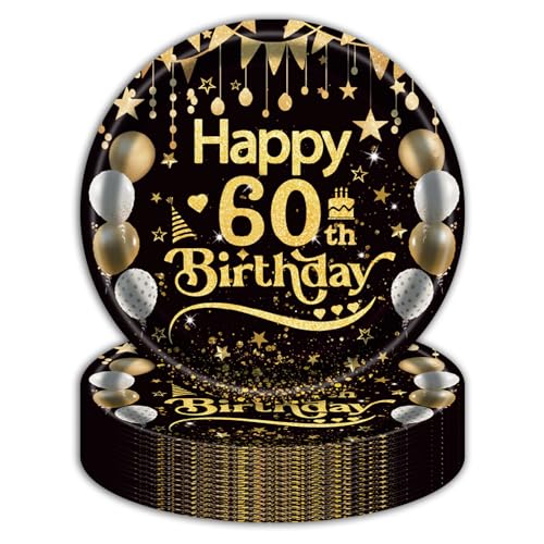 EVYIENEN 50 Stück Happy Birthday 60th Geburtstag Pappteller,22.9 cm Schwarz Gold Einwe Dessertteller Geburtstag Party Geschirr Pappteller Pappteller Set,60th Pappteller Tischdekoration für Picknicks EVYIENEN 50 Stück Happy Birthday 60th Geburtstag Pappteller,22.9 cm Schwarz Gold Einwe Dessertteller Geburtstag Party Geschirr Pappteller Pappteller Set,60th Pappteller Tischdekoration für Picknicks von EVYIENEN