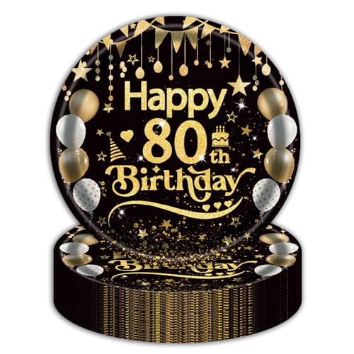 EVYIENEN 50 Stück Happy Birthday 80th Geburtstag Pappteller,22.9 cm Schwarz Gold Einwe Dessertteller Geburtstag Party Geschirr Pappteller Pappteller Set,80th Pappteller Tischdekoration für Picknicks EVYIENEN 50 Stück Happy Birthday 80th Geburtstag Pappteller,22.9 cm Schwarz Gold Einwe Dessertteller Geburtstag Party Geschirr Pappteller Pappteller Set,80th Pappteller Tischdekoration für Picknicks von EVYIENEN