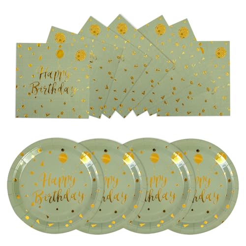 50 Stück Happy Birthday Salbeigrün Pappteller und Servietten,25 x 17.8cm Dessertteller 25 x 16.5cm Servietten Party Einweg Set，Pappteller Geburtstag, Party Teller Set für Picknicks von EVYIENEN