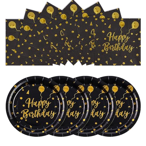 EVYIENEN 50 Stück Happy Birthday Schwarz und gold Pappteller und Servietten,25 x 17.8cm Dessertteller 25 x 16.5cm Servietten Party Einweg Set，Pappteller Geburtstag, Party Teller Set für Picknicks von EVYIENEN