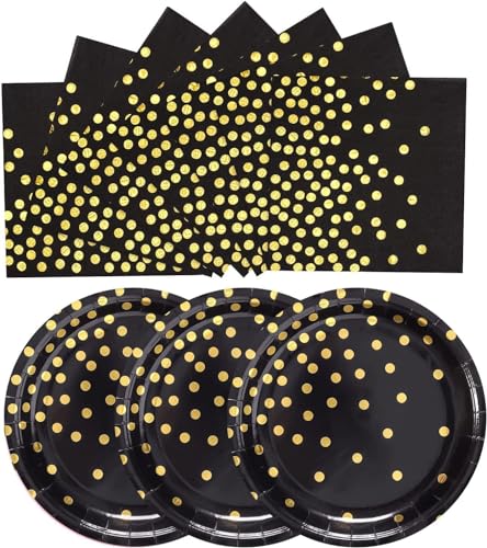 50 Stück Schwarz und gold Pappteller und Servietten,25 x 17.8cm Dessertteller 25 x 16.5cm Servietten Party Einweg Set，Pappteller Geburtstag, Party Teller Set für Picknicks von EVYIENEN