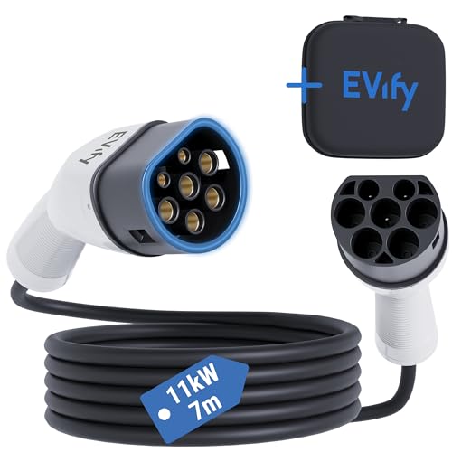 EVify Typ 2 Ladekabel 11kW 7M 16A für Elektroauto & Hybrid inkl. Kabeltasche • Kabel 3 phasig für EV PHEV • geeignet für alle E Autos Modell 3 S X Y, ID3, ID4, ID5 von EVify